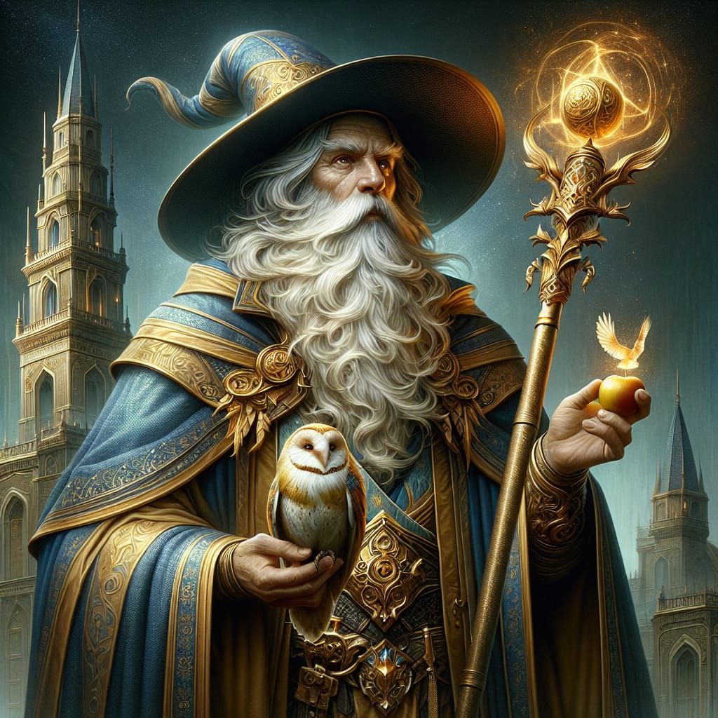 Fantasy Wizard with Owl in Matte Painting Style