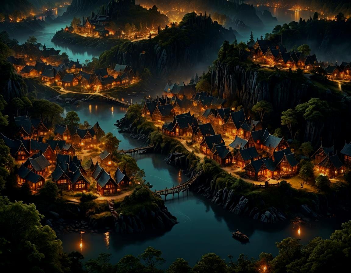 Elven Town in Enchanted Forest at Night