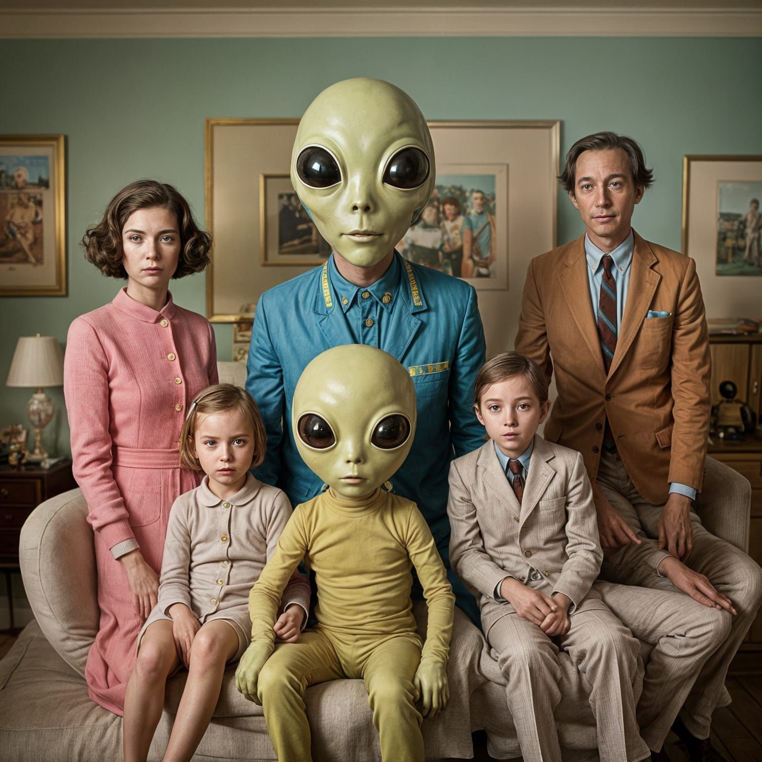 Alien Family in a Wes Anderson Living Room