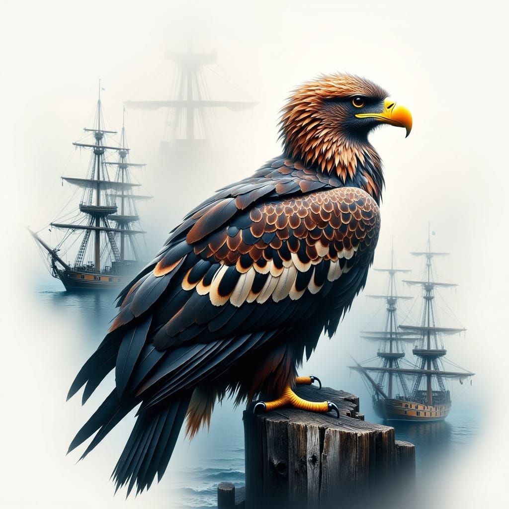 Double exposure portrait painting of a Eagle with the sea boats harbour in the interior, dual expos...