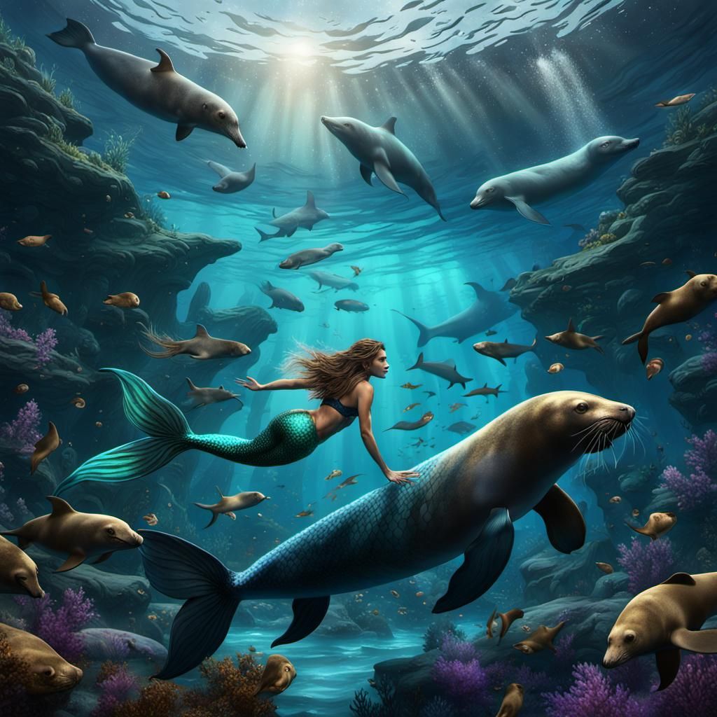 Mermaid and Sea Lions in Detailed Fantasy Art