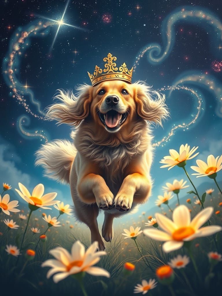 Golden Retriever Crowned Leaping Through Starry Field