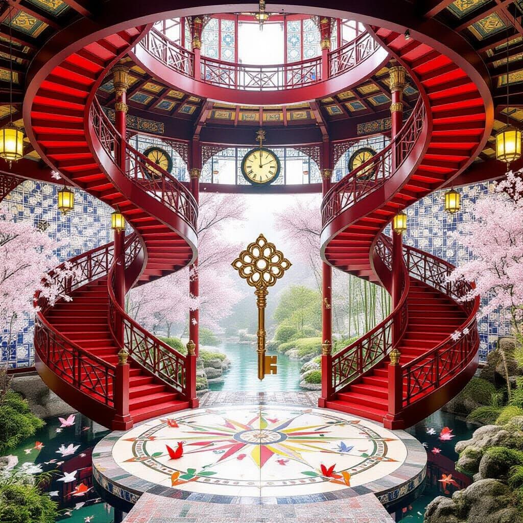 Grand Interior with Red Helix Staircases to Seasonal Realms