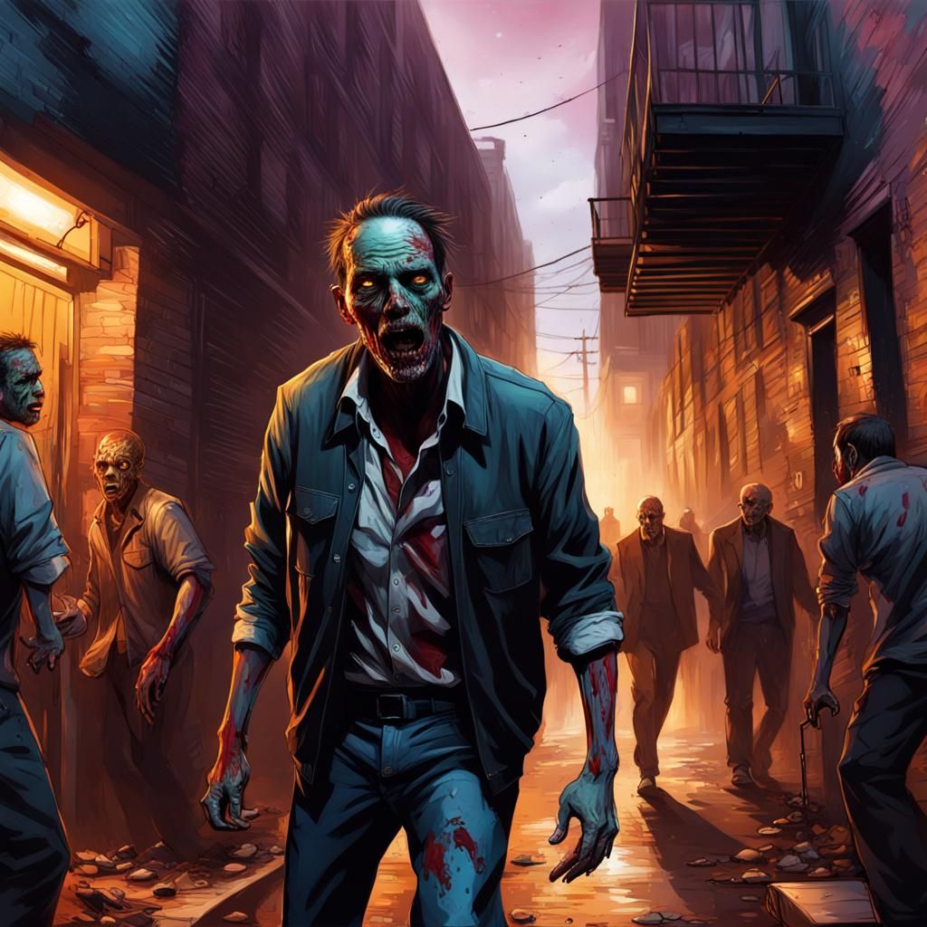 detailed zombies in an alley, thriller, Hyperrealistic, splash art, concept art, mid shot, intricately detailed, color d...