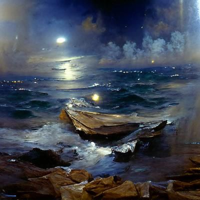 Moonlit Night Seascape in Oil Painting Style