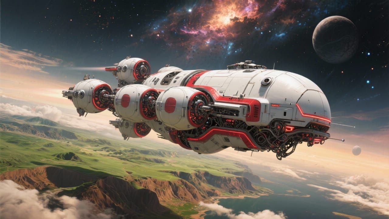 Alien Starship Soaring Through Nebulae in Cyberpunk Style