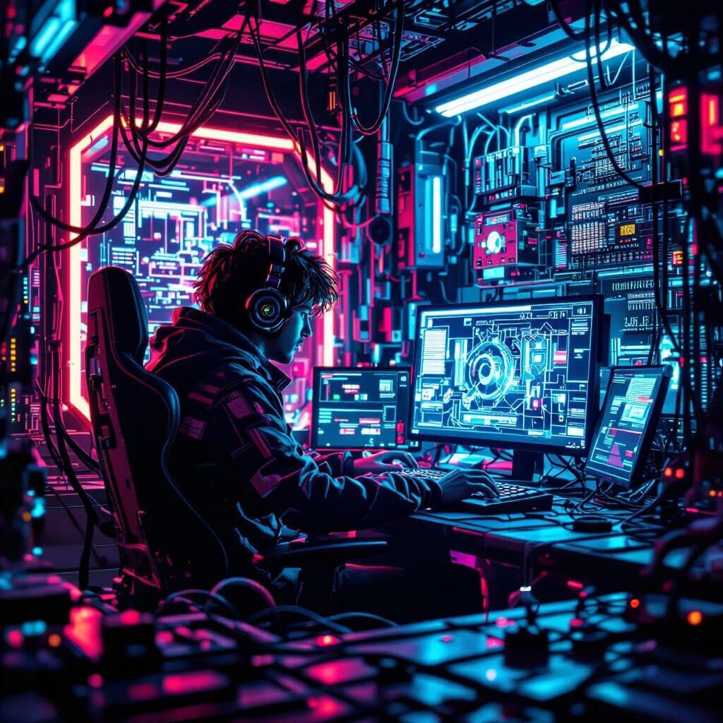 Futuristic Cyberpunk Interior: Person Inside Computer