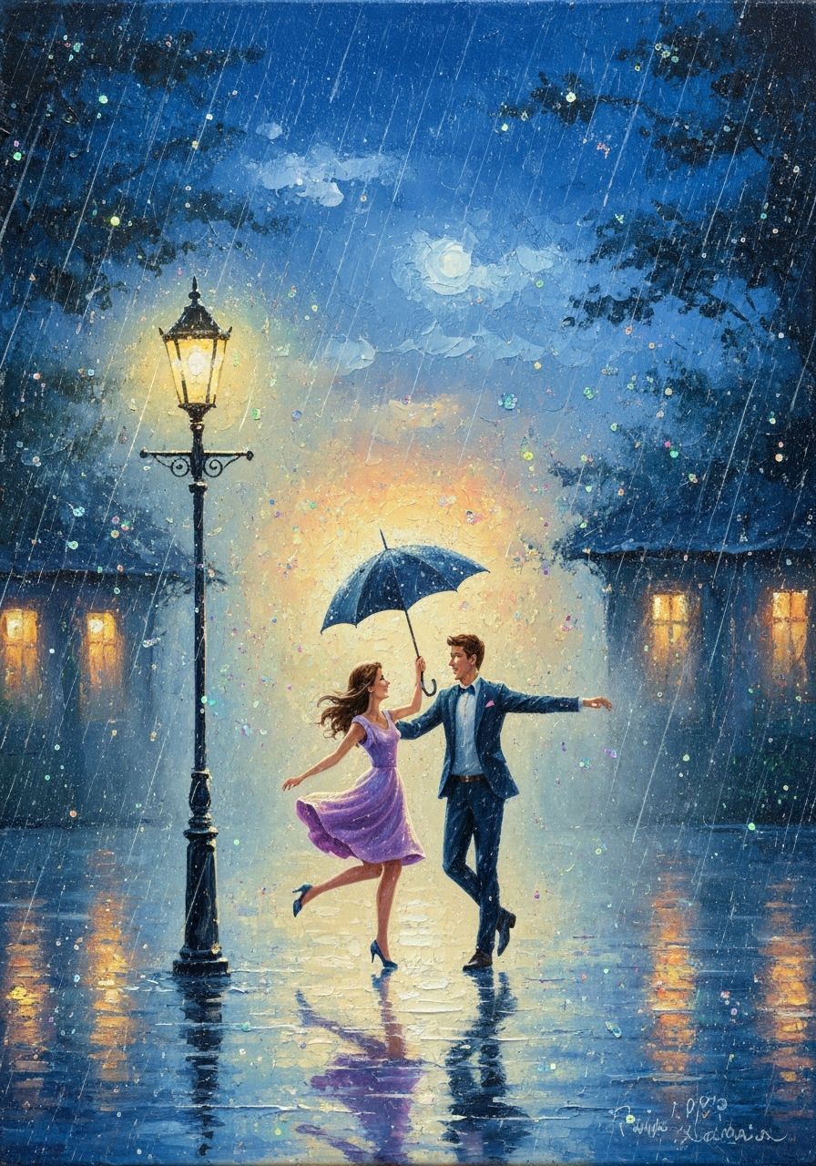 Couple Dancing in Magical Rainy Night Impasto Painting