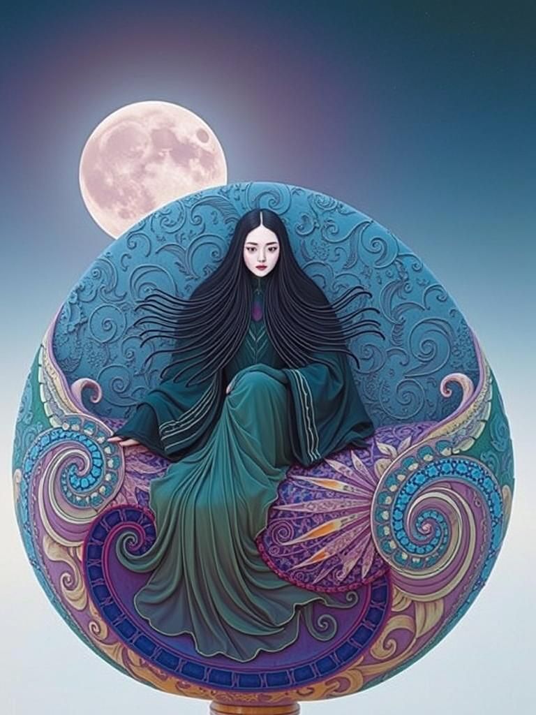 Woman in Surreal Sun and Moon Chair, Fairytale Art