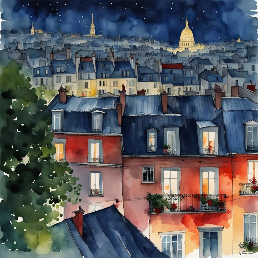 Moonlit Parisian Hillside in Watercolor
