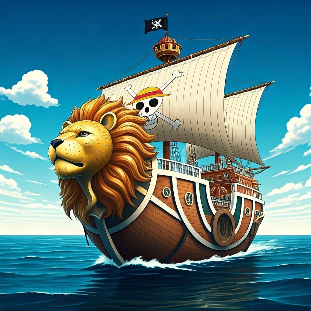 A Majestic Lion-Headed Ship Glides Across the Wavy Seas in a...