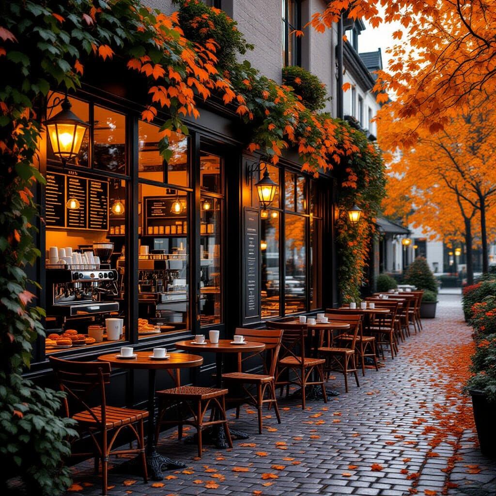 Cozy European Coffee Shop in Autumn Dusk