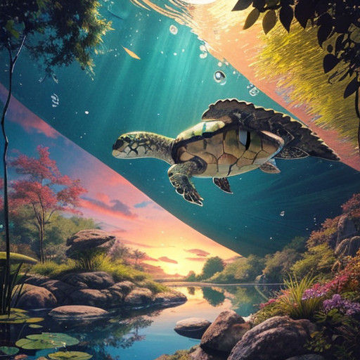 Surreal Landscape with Turtle in Serene Pond Scene, as Reali...