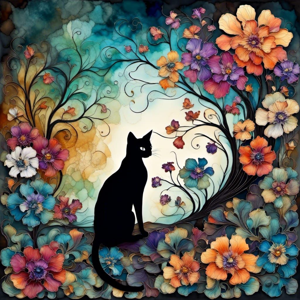 Black Cat Amongst Jacobean Embroidery Flowers in 3D