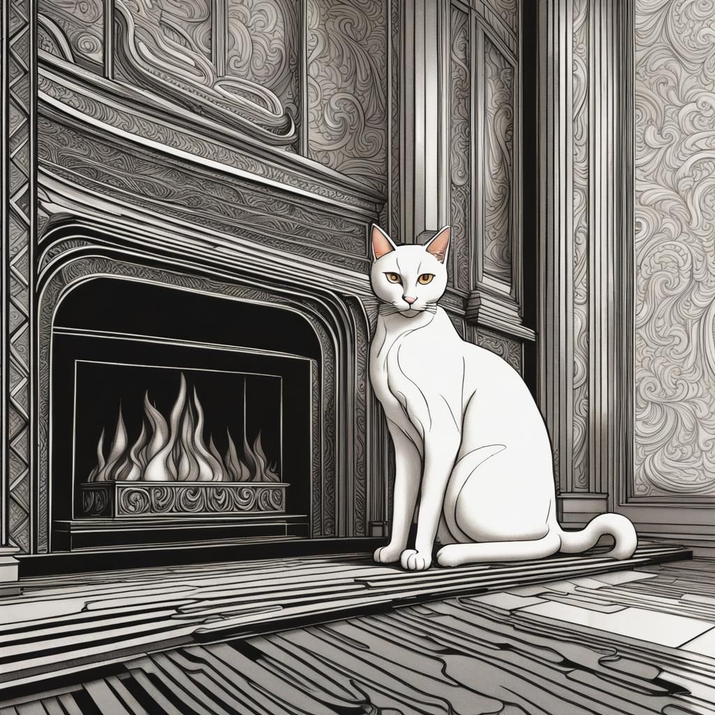 Art Deco Cat Relaxing by Fireplace, Intricate Line Art