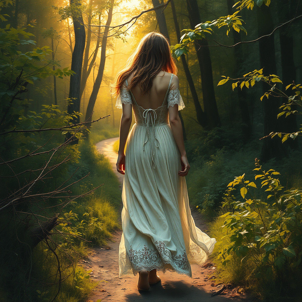 Woman Walks Forest Path in Impressionist Style