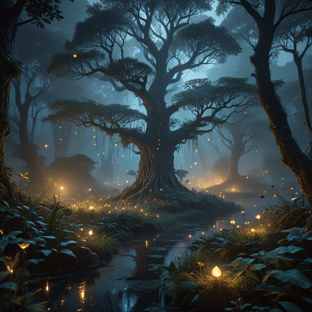 Mysterious Avatar Forest With Glowing Tree of Life