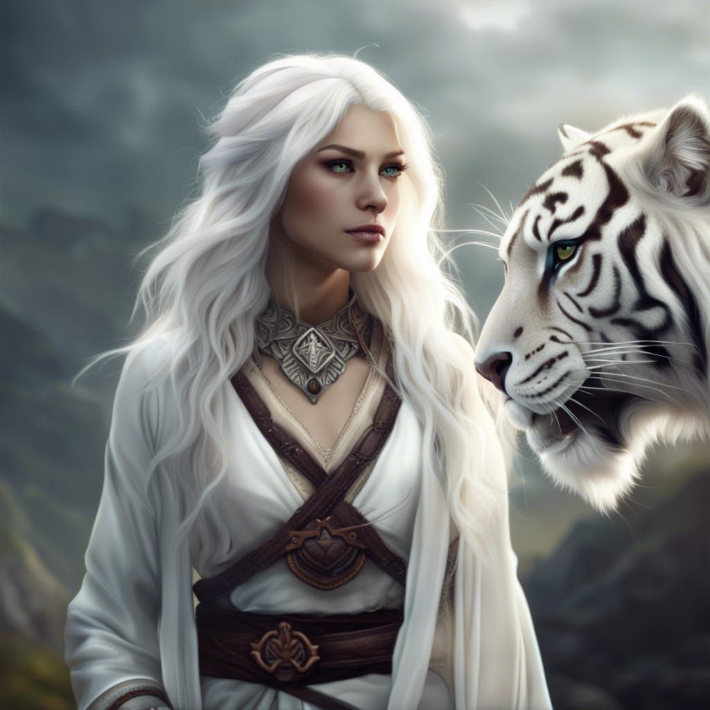 White-Haired Tigress in Fantasy Landscape