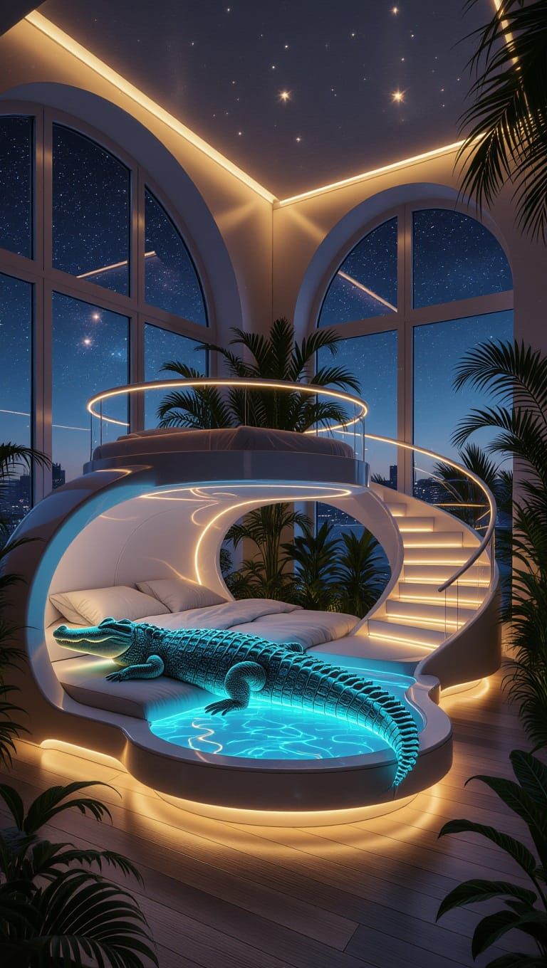Starry Night Sanctuary: Bioluminescent Crocodile in Futurist...