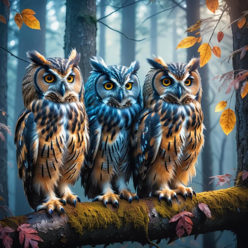 Three Colorful Owls Perched in a Majestic Forest Tree