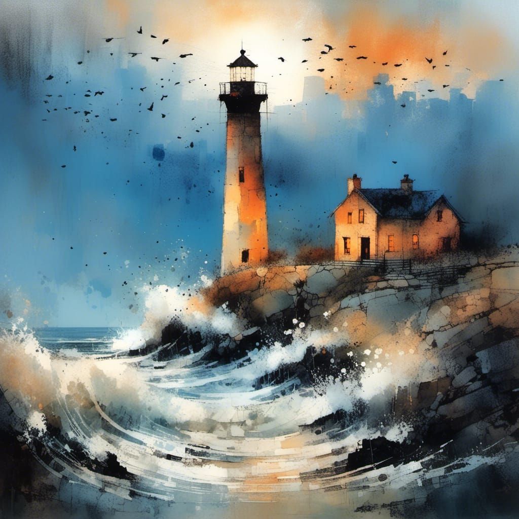 Lighthouse on Flowering Cliff at Sunset, Watercolor Style