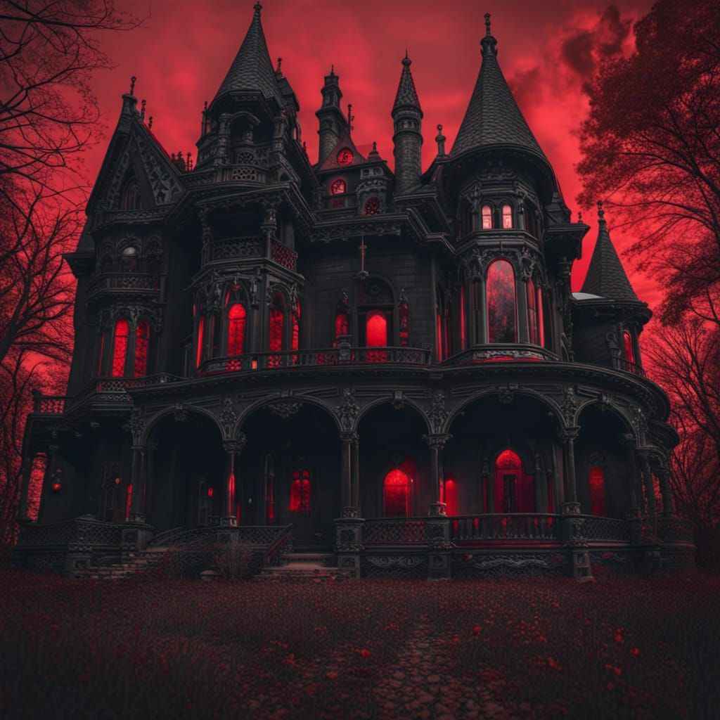 Gothic Spooky Mansion in Black and Red