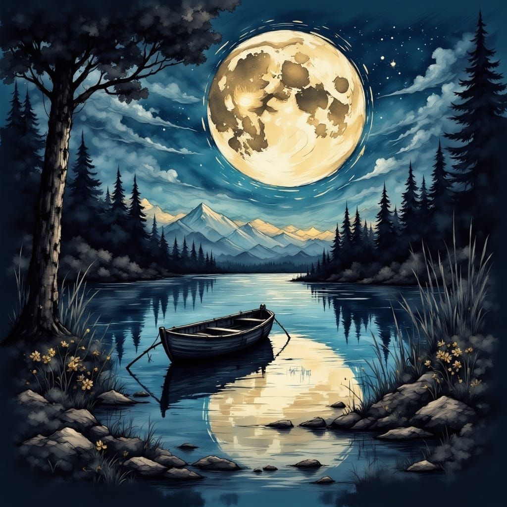 Disturbing Moon Landscape with Boat and Fireflies