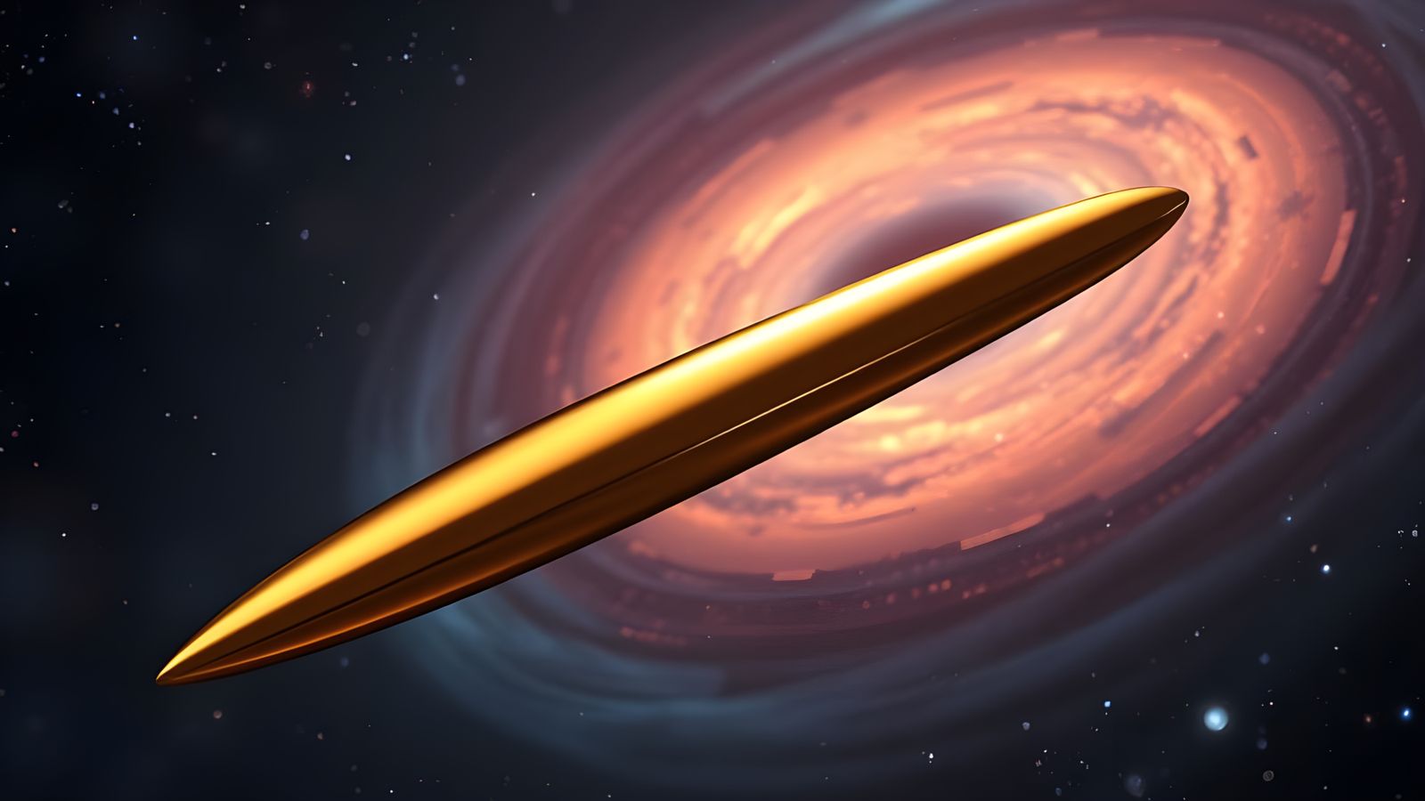 Glowing, Cigar-Shaped Starship Cruises Through Cosmic Vortex