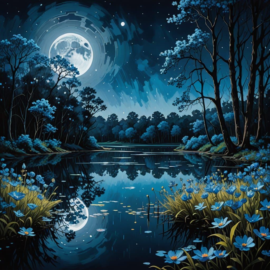 Ethereal Blue Moon Landscape in Surrealist Style