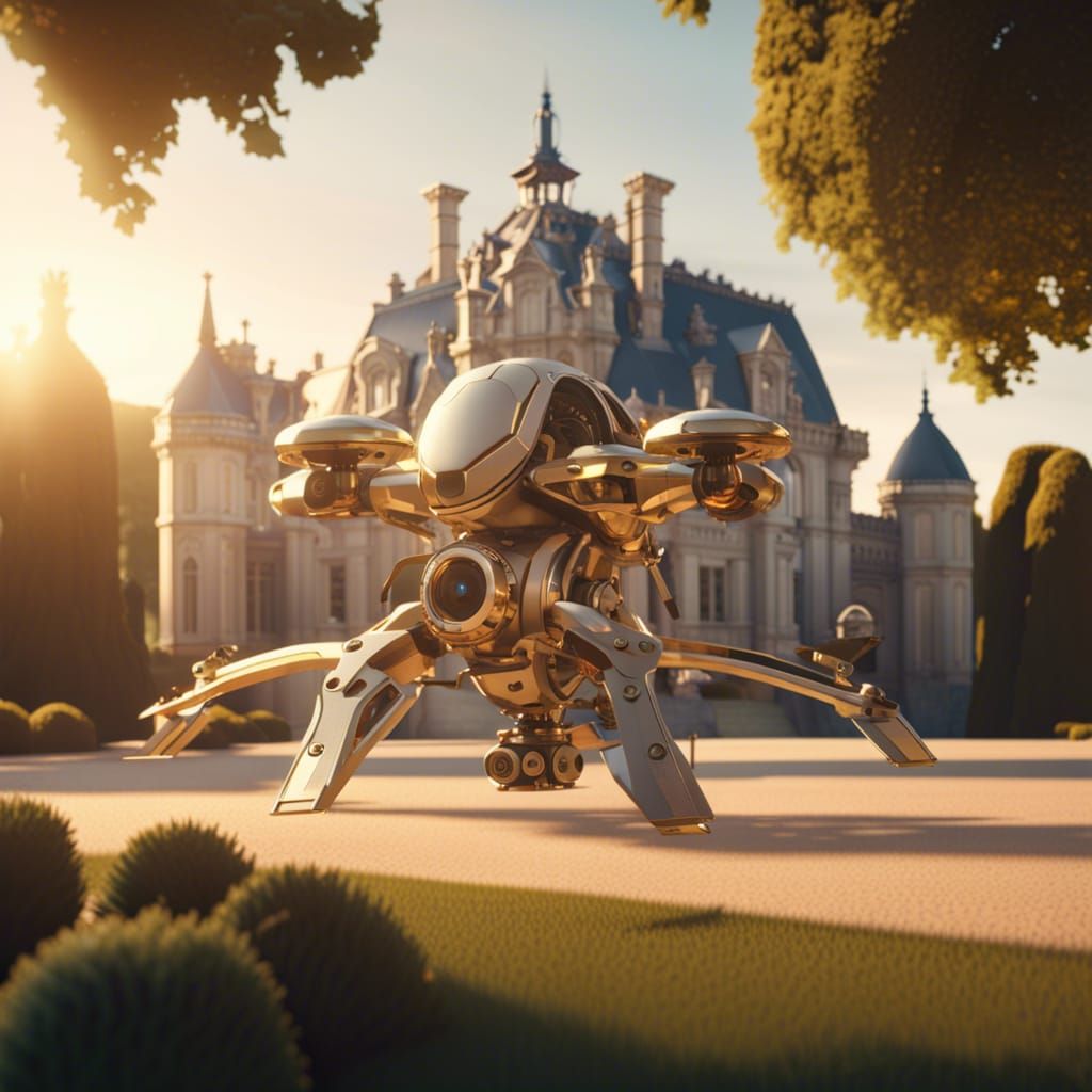 Futuristic French Chateau with Guard Drones at Sunset