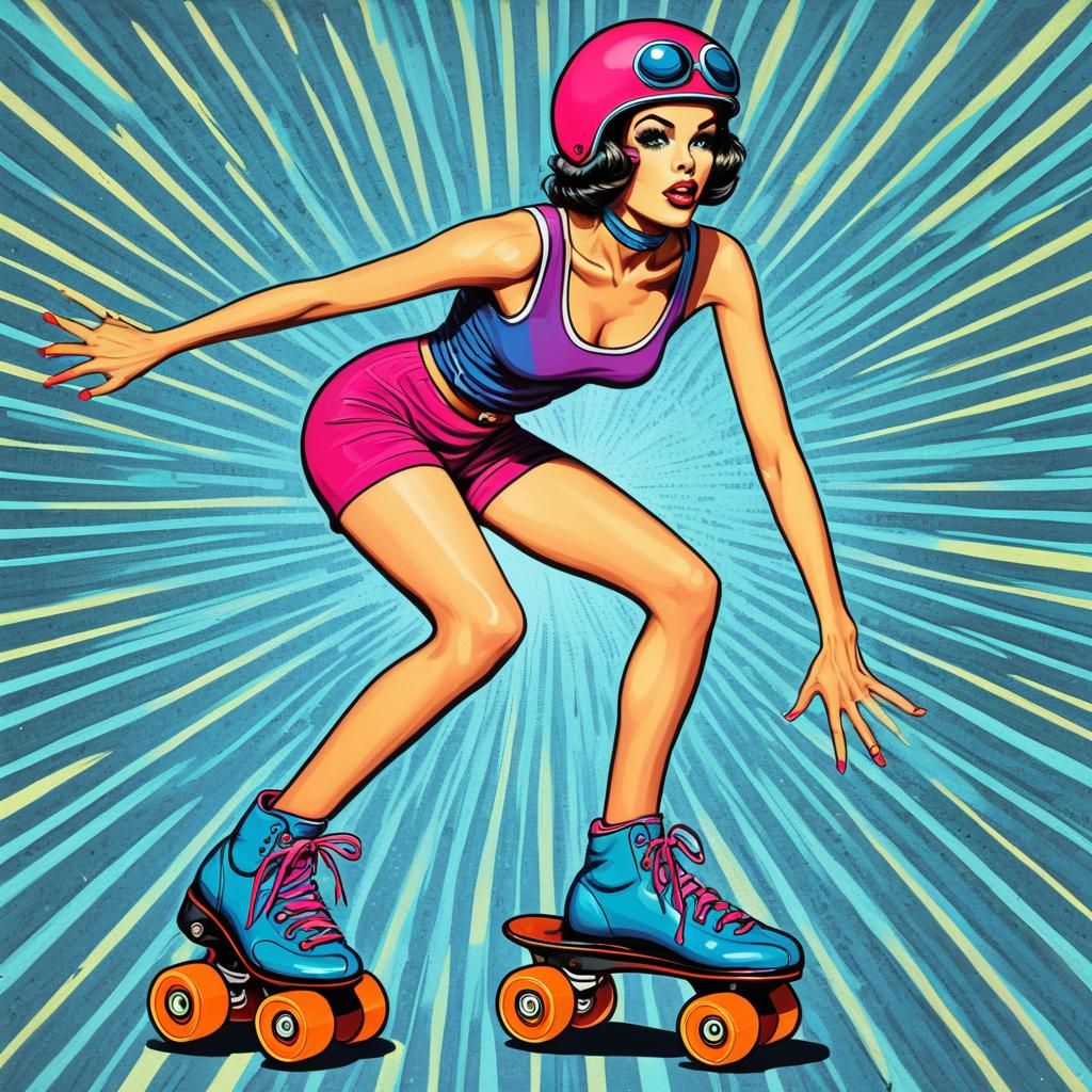 Vibrant Pop Art Woman in Retro Roller Skates