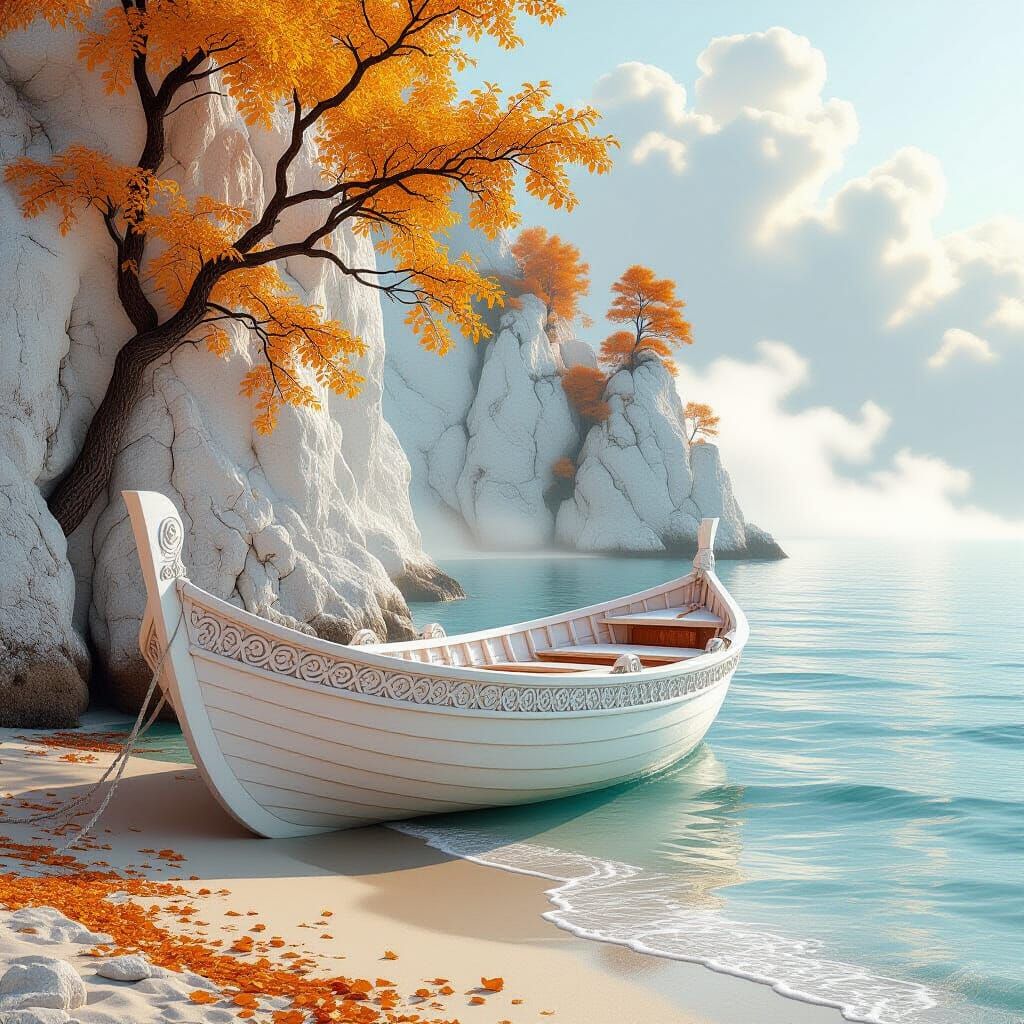 Fantasy White Boat on Golden Autumn Shore