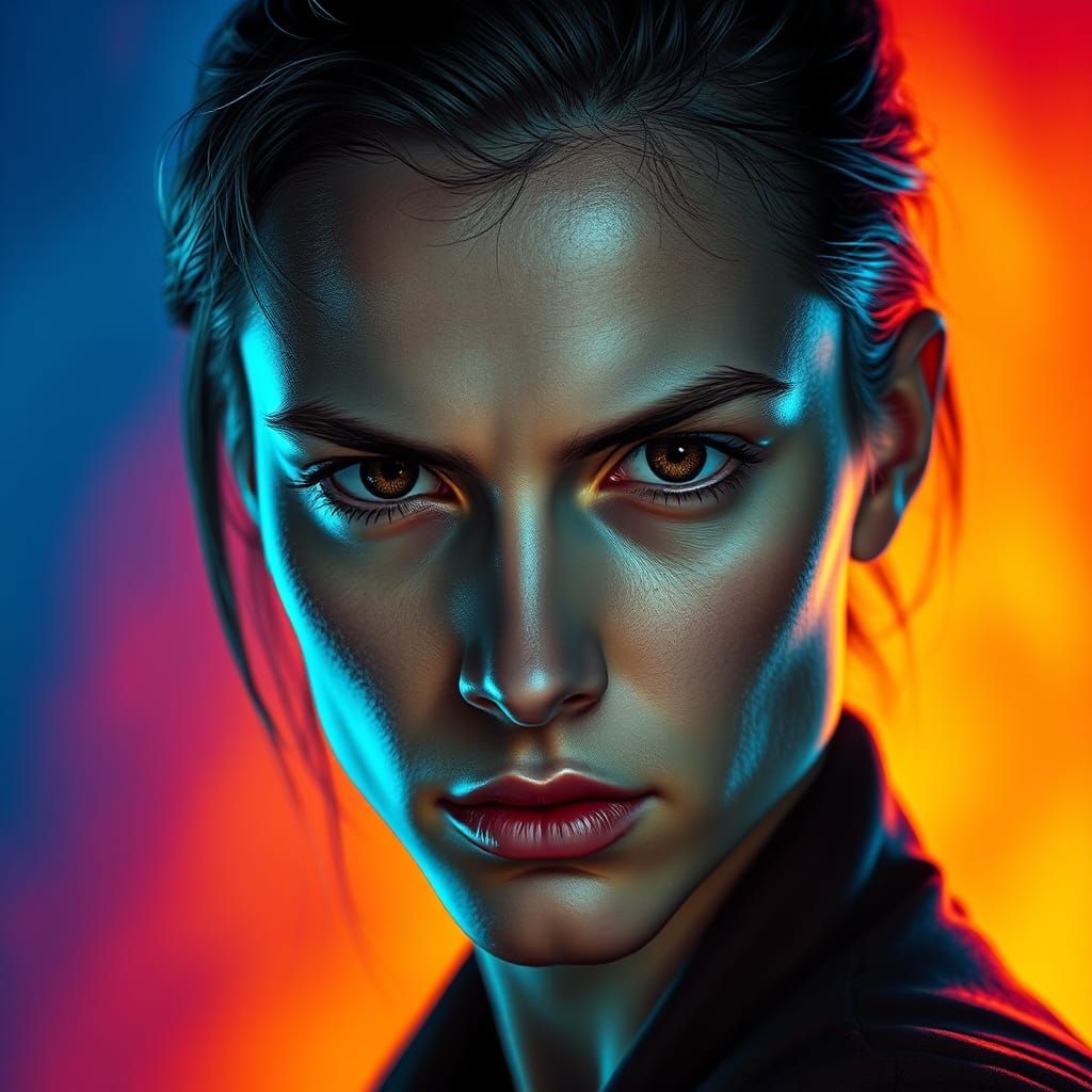 Intense Gaze: Hyperrealistic Portrait in Vibrant Colors