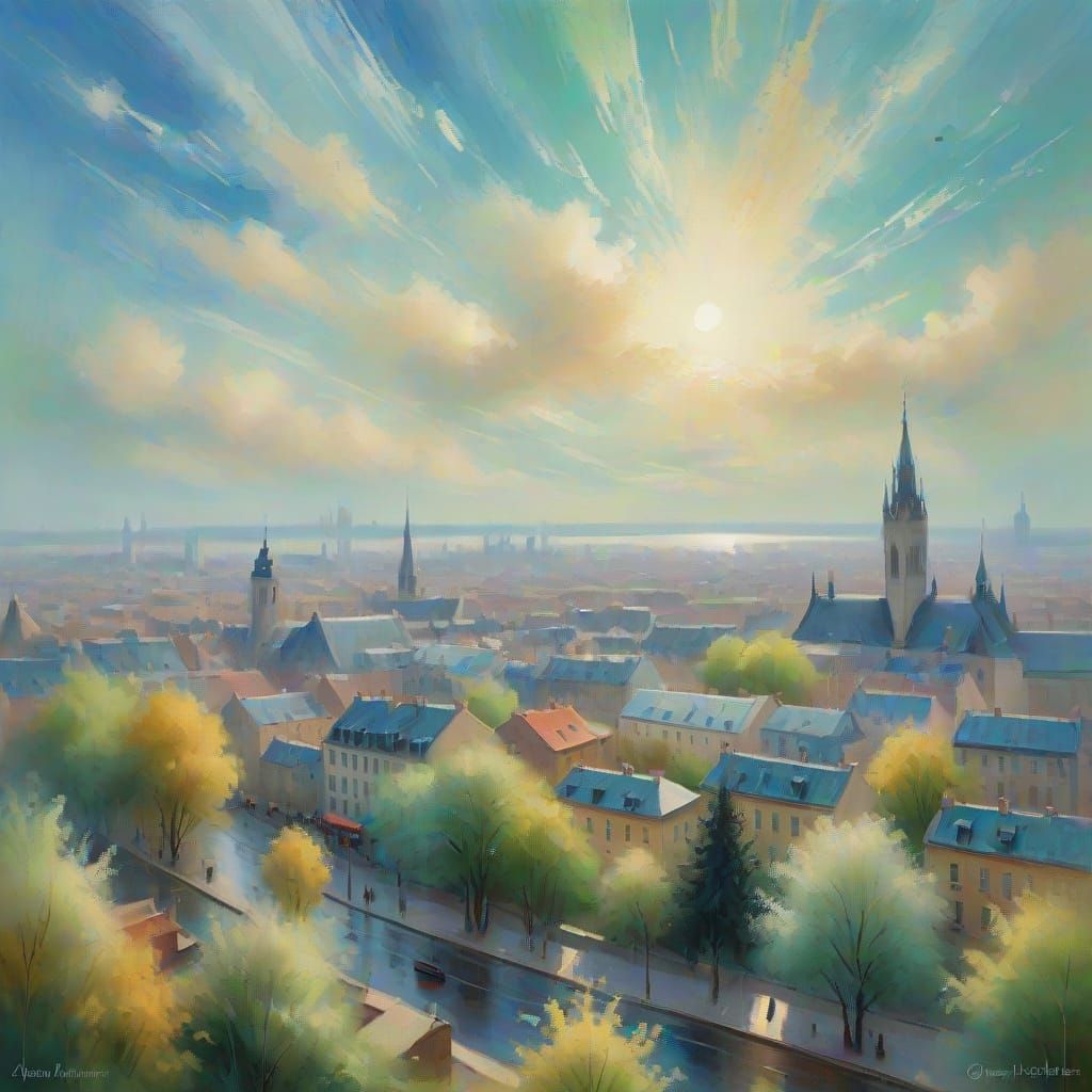 Impressionist Cityscape Transformed by Falling Brushstrokes