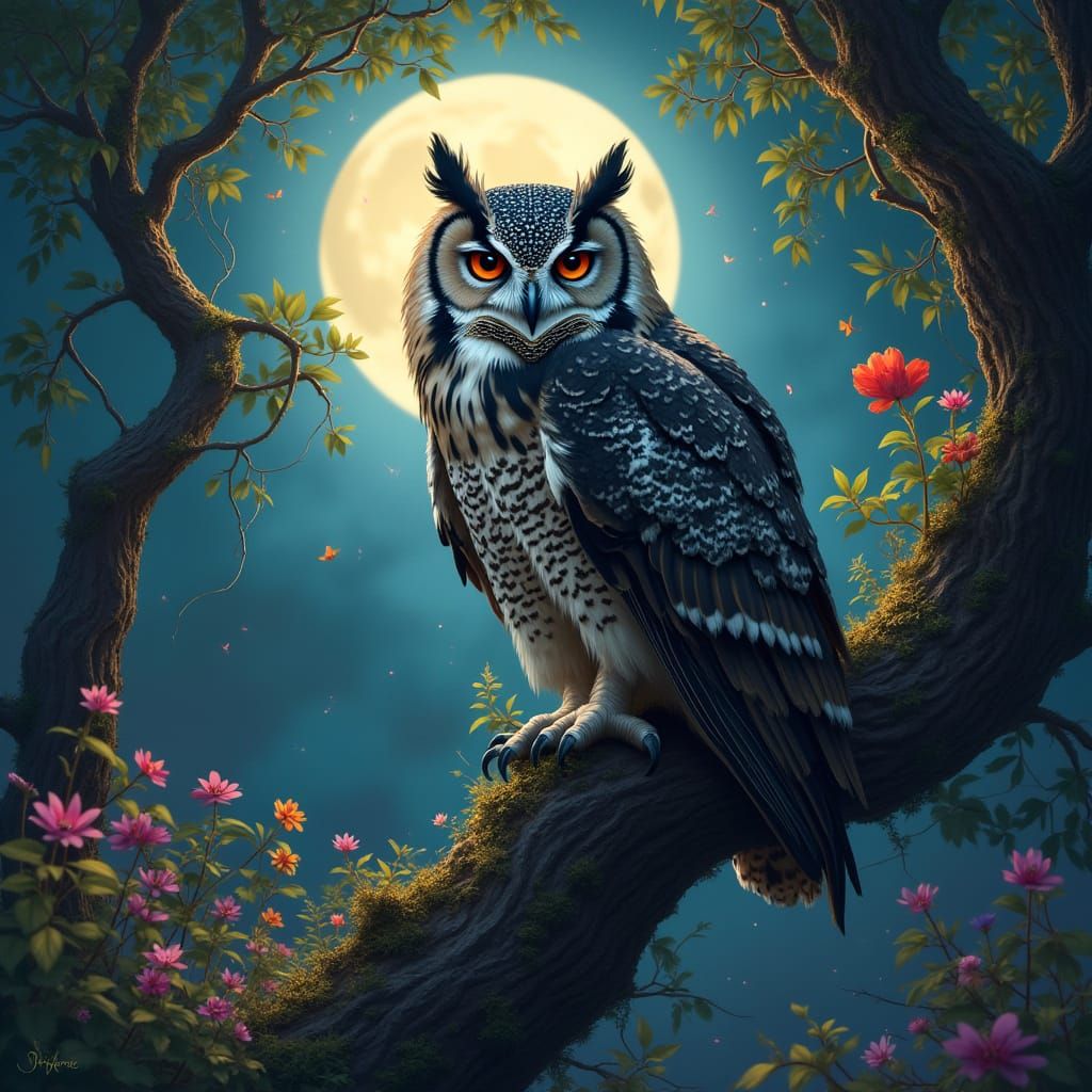 Owl in Moonlit Forest: Matte Painting with Vibrant Colors