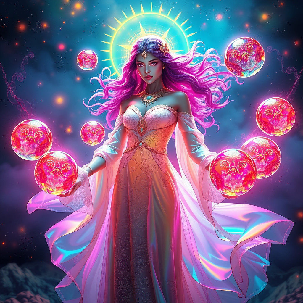 Gemini Woman with Crystal Balls in Surreal Setting