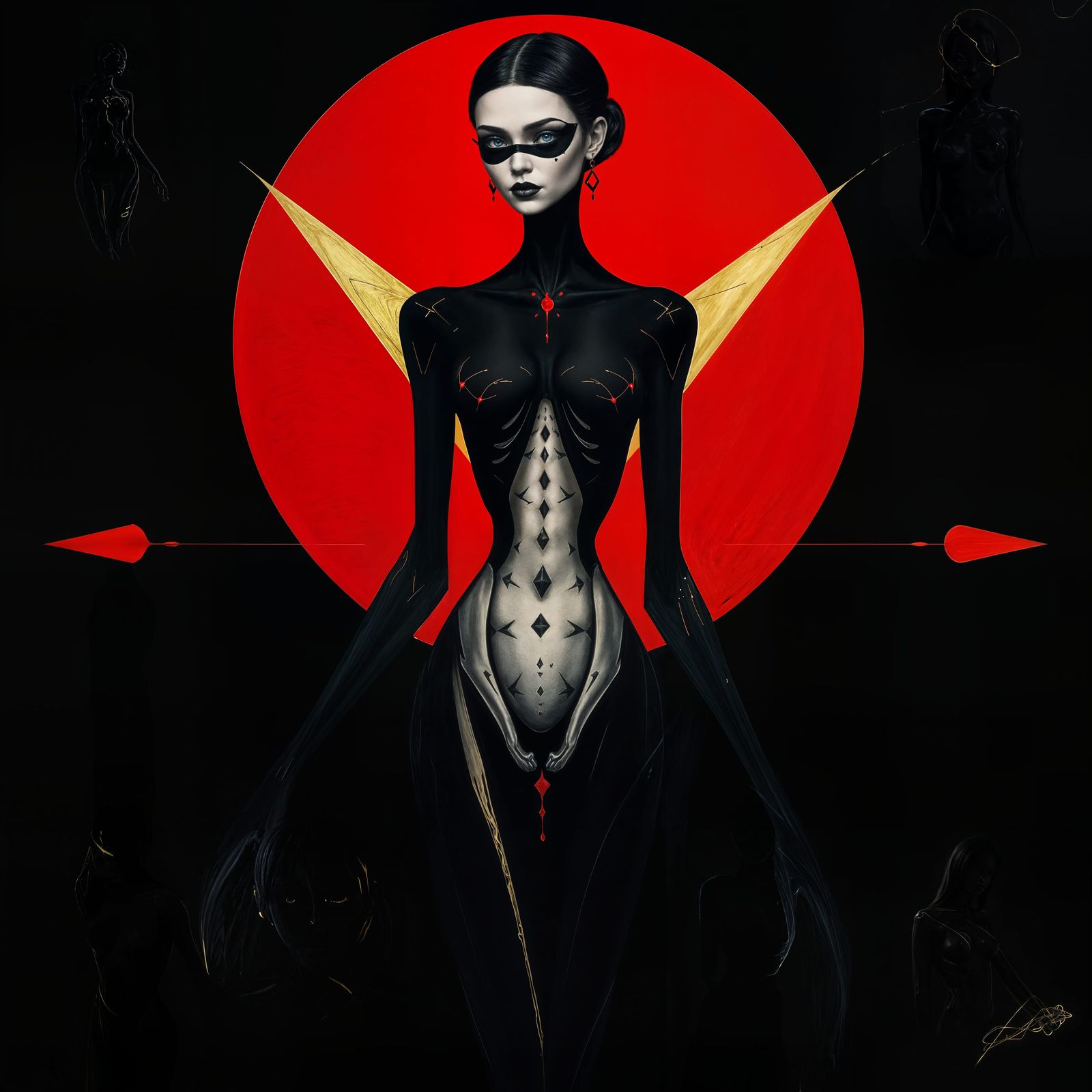 Surreal Female Figure in Black, Red, and Gold