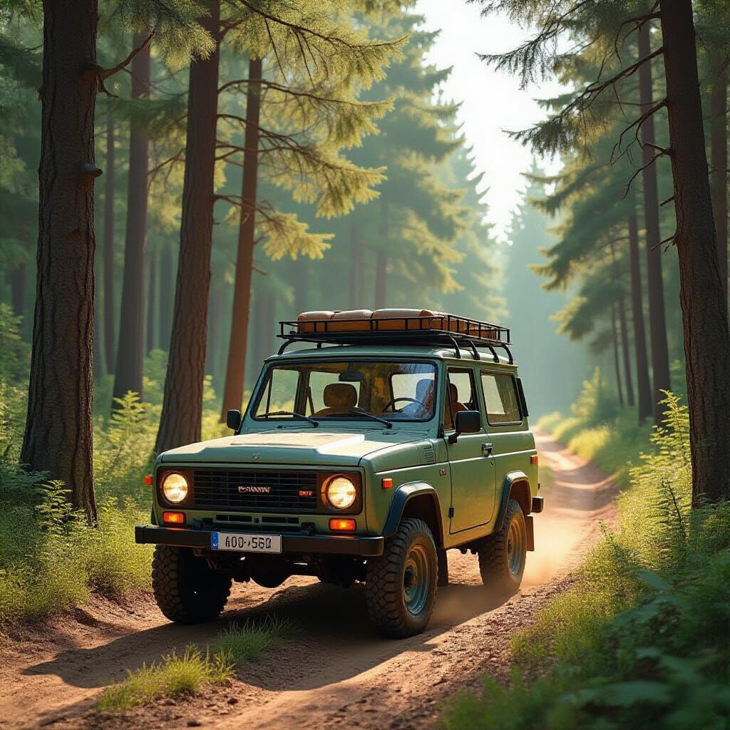 Vintage Russian SUV in Summer Forest, Digital Art