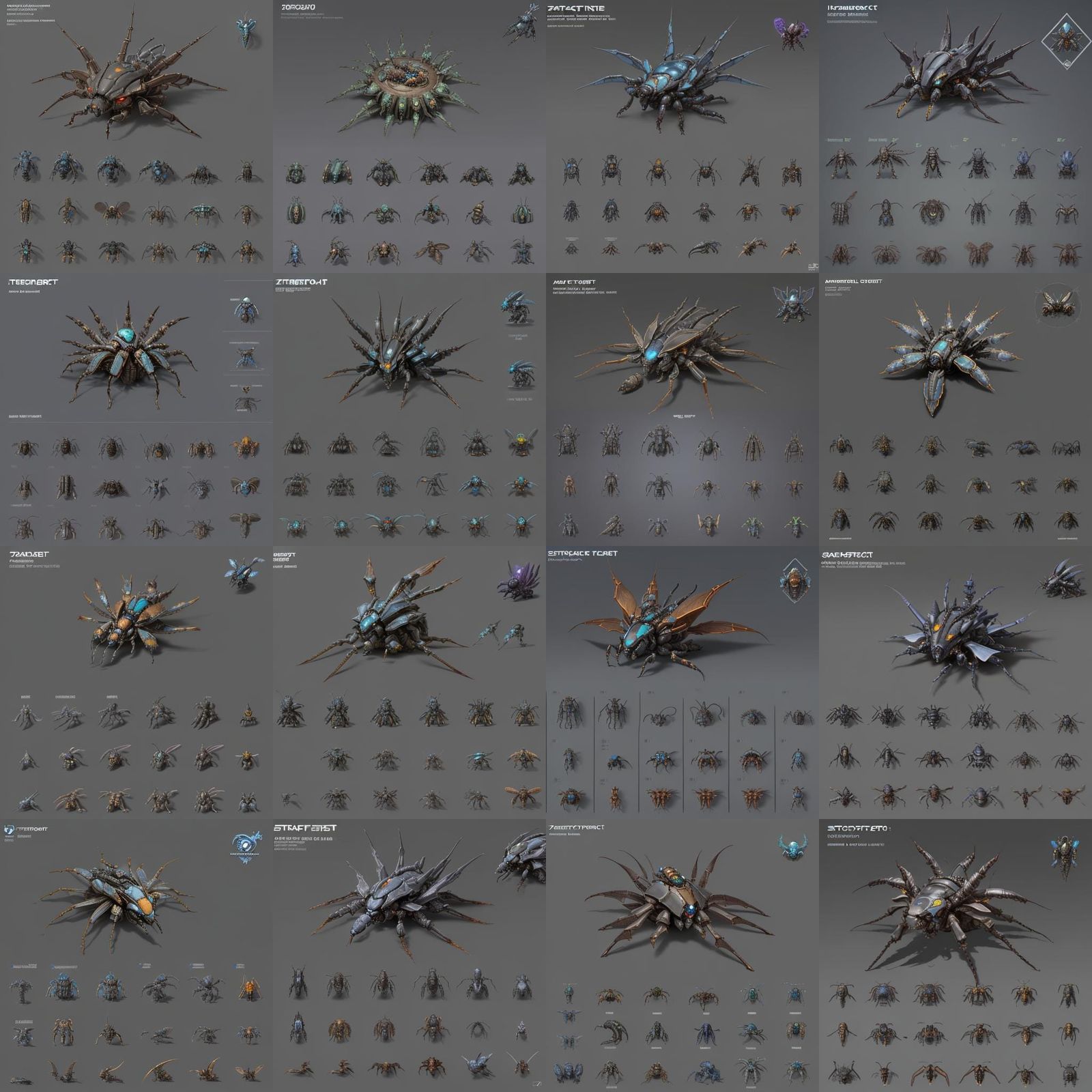 Isometric Game Asset Sheet of Mechanical Insectoid Nest