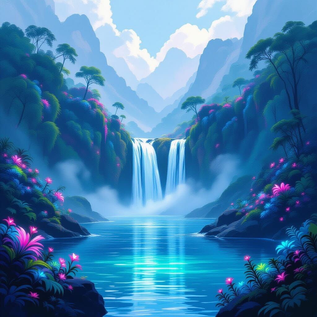 Alien Waterfall Landscape with Bioluminescent Flora