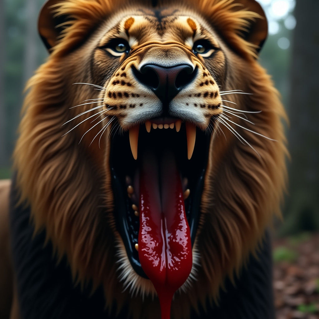 Photorealistic Lion with Blood, Cinematic Downside View