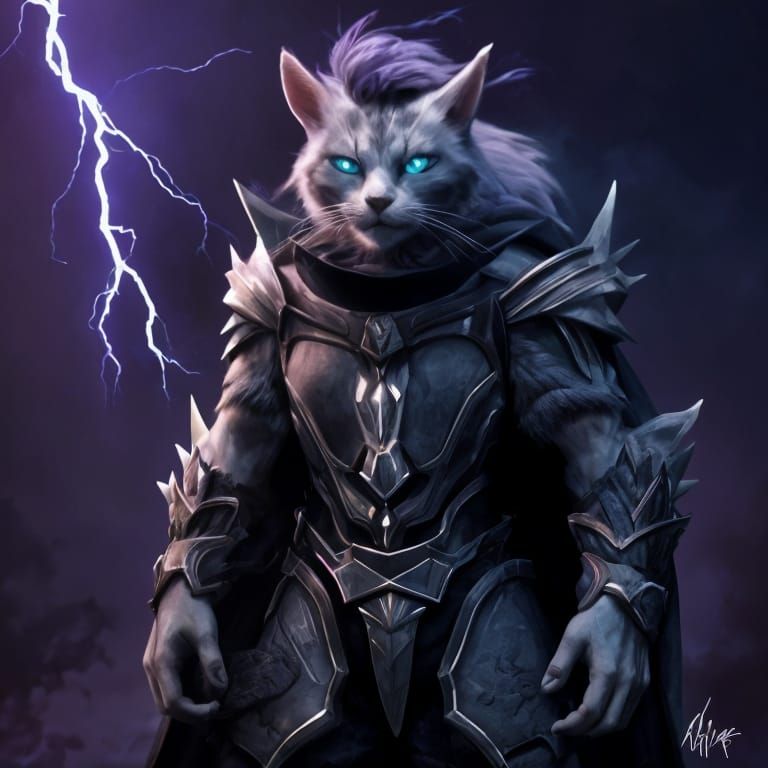 Cyberpunk Feline Warrior in Dark Fantasy Setting