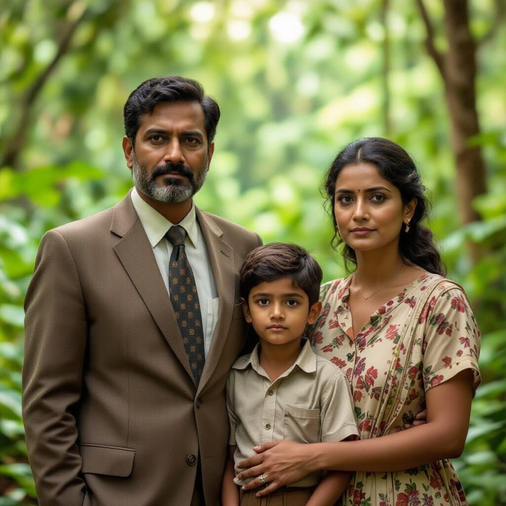 Somber Family Portrait in Lush Forest, Cinematic Film Still