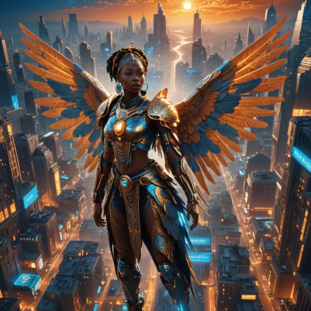 Cyberpunk African Angel Floating Above Luminous City