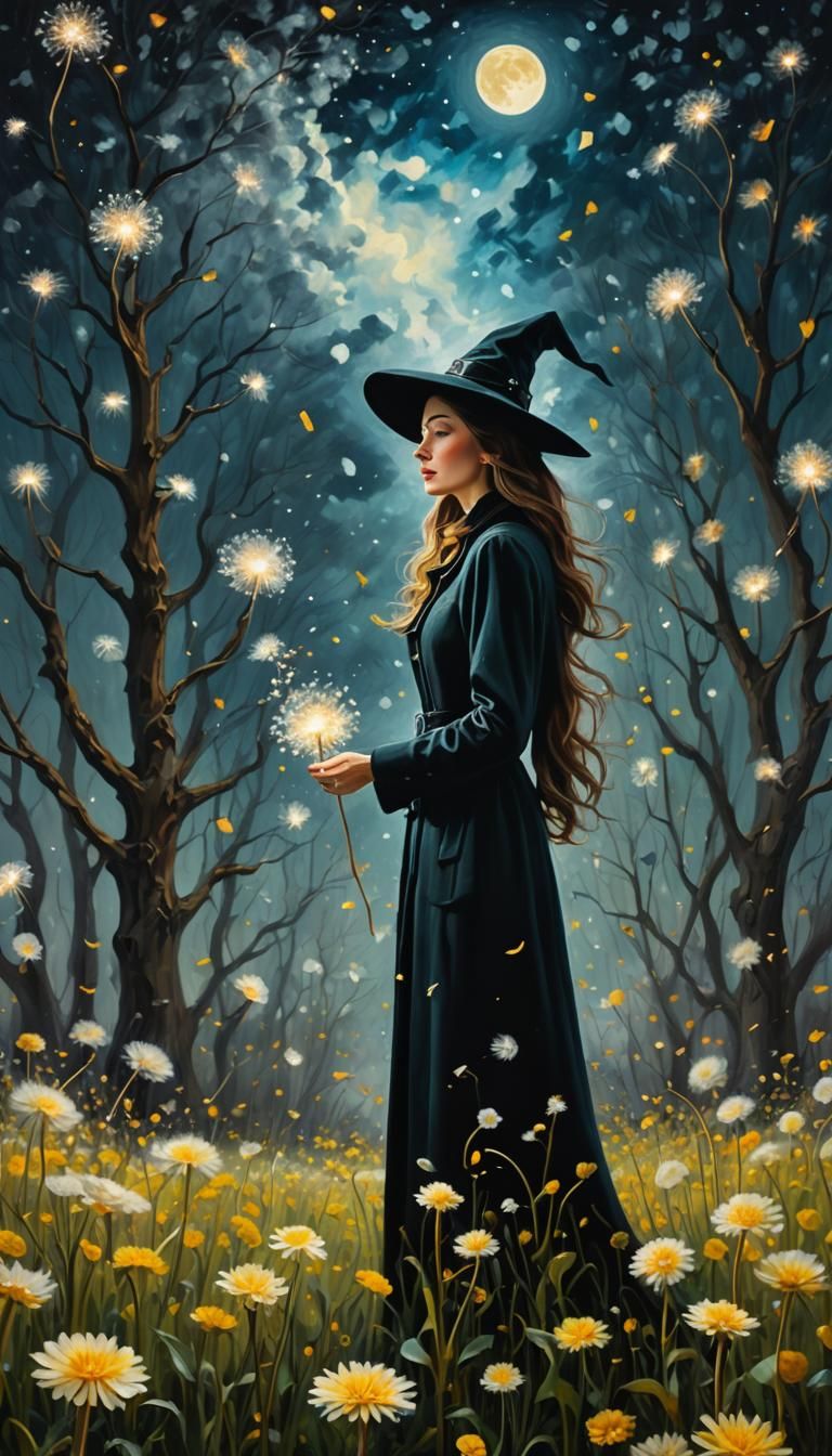 Woman Among Glowing Dandelions in Surreal Oil Painting