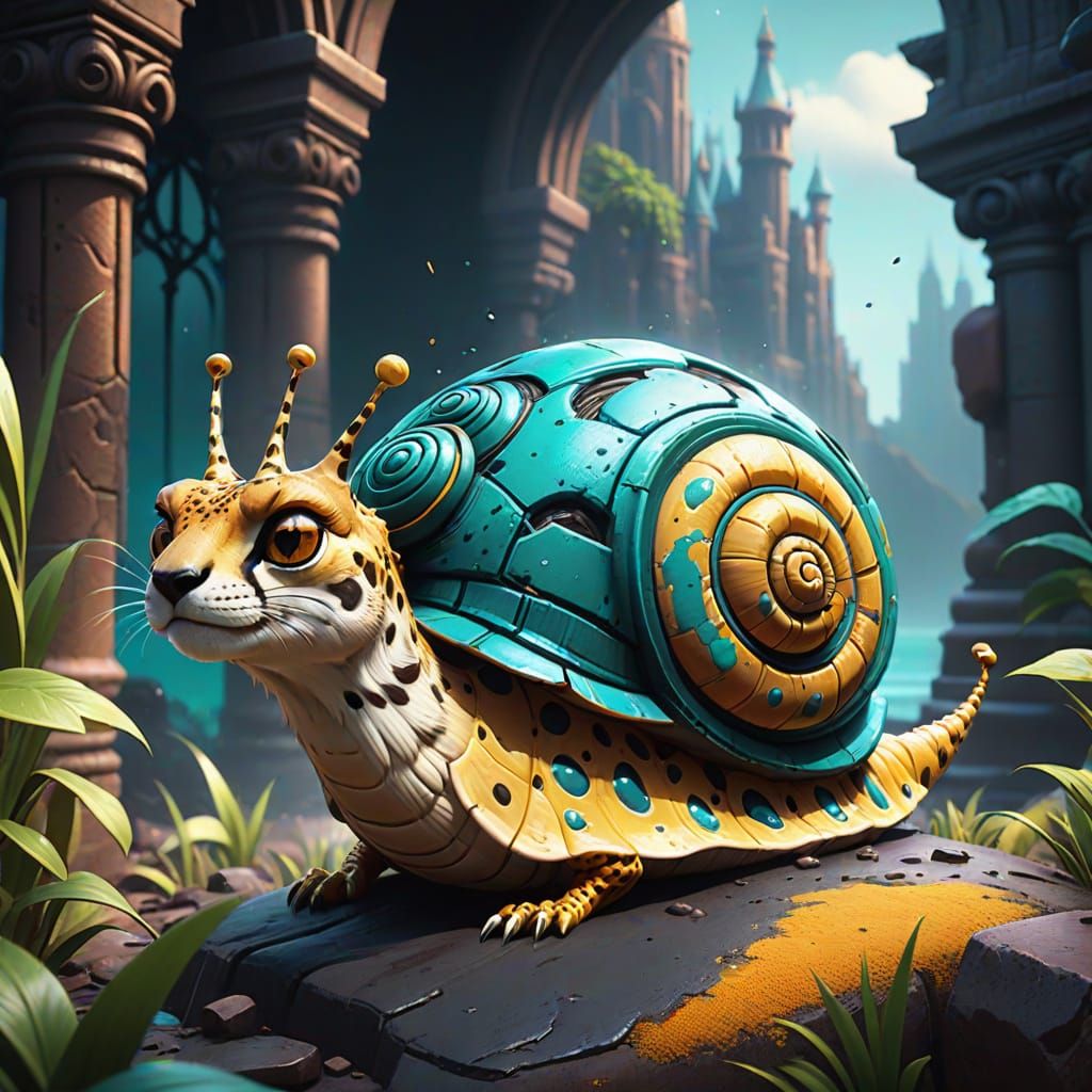 Hyper-Realistic Chester the Cheetah-Snail in Teal and Yellow