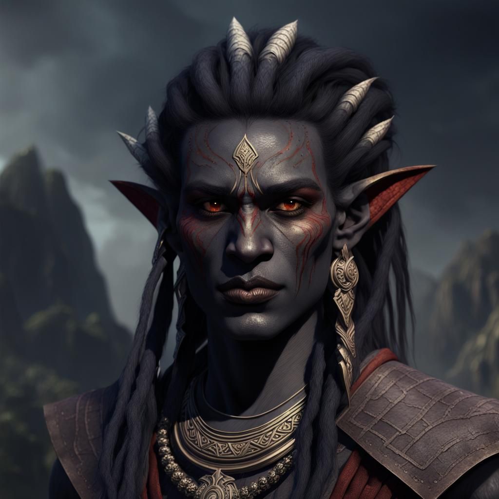 Dunmer Ashlander Trader Portrait in Detailed Matte Style