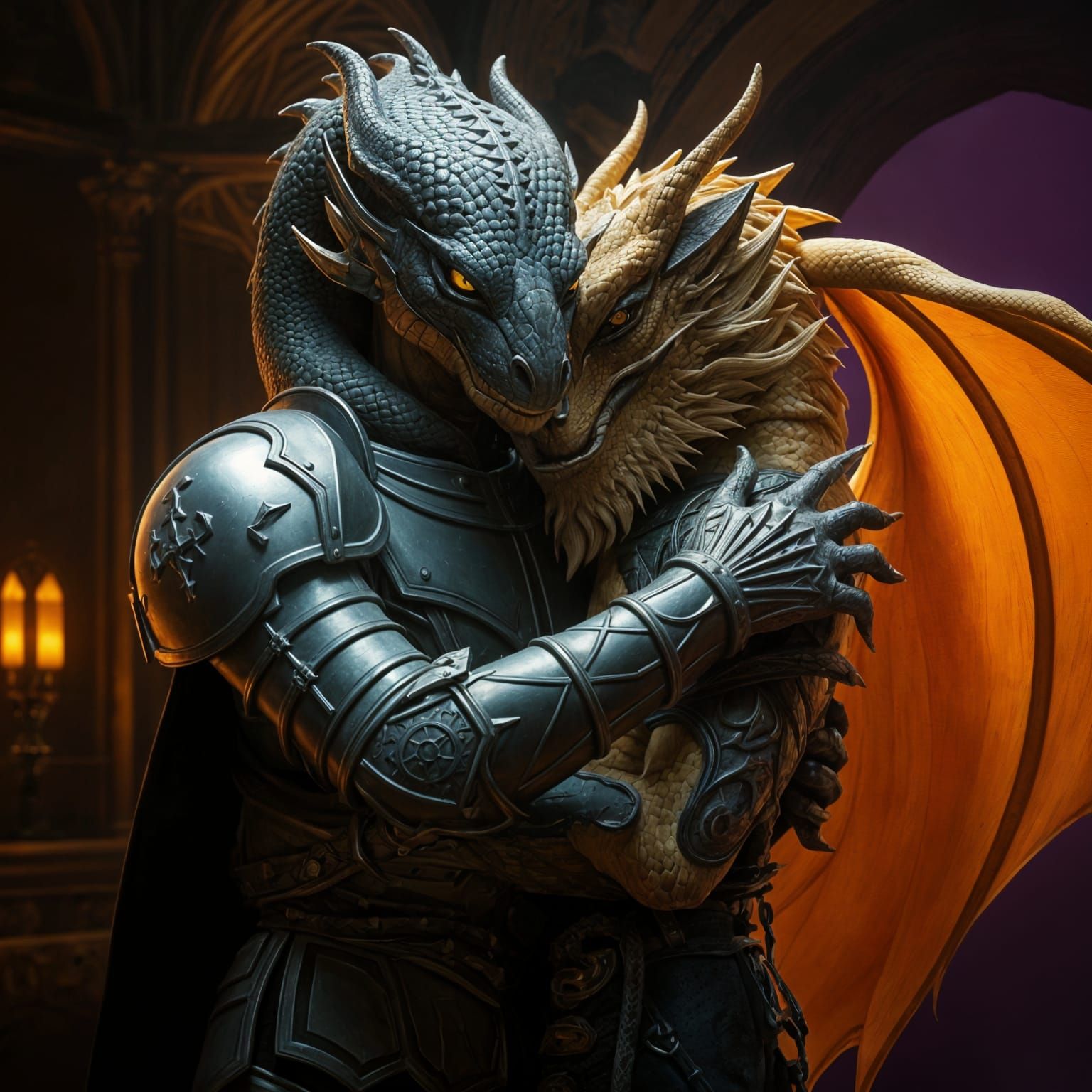 Dragon and Snake Knight Embrace: Dark Fantasy Art