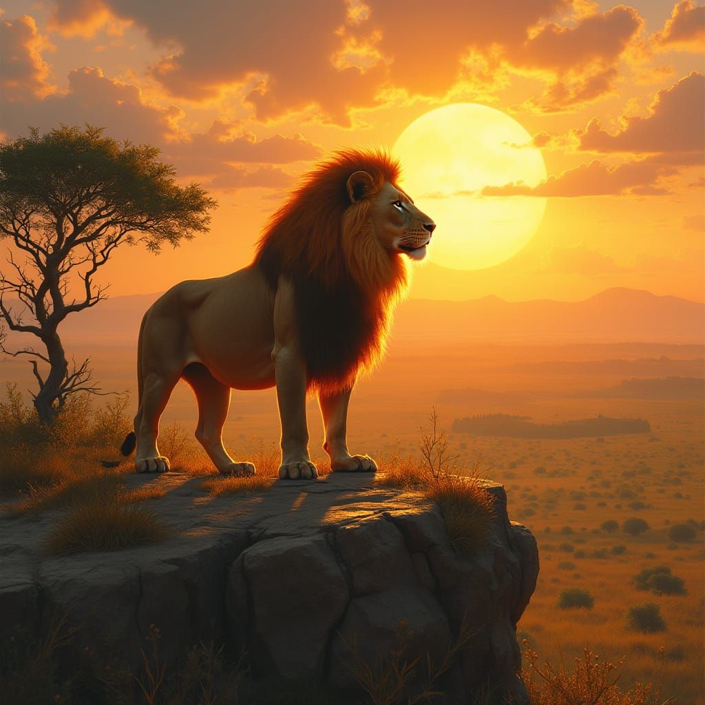 Majestic Lion on Savanna in Classical Oil Style
