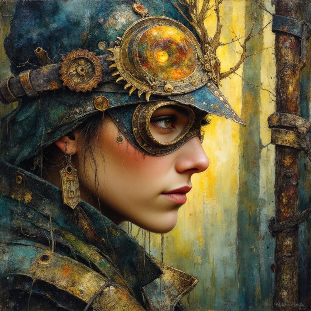 Steampunk Druid Portrait in Alcohol Ink Style